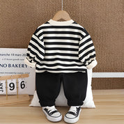 Boy's Cotton Knit Light Winter All Over Stripes Printed and Teddy Applique Sweatshirt With Joggers Pant Set - Black & Creamream