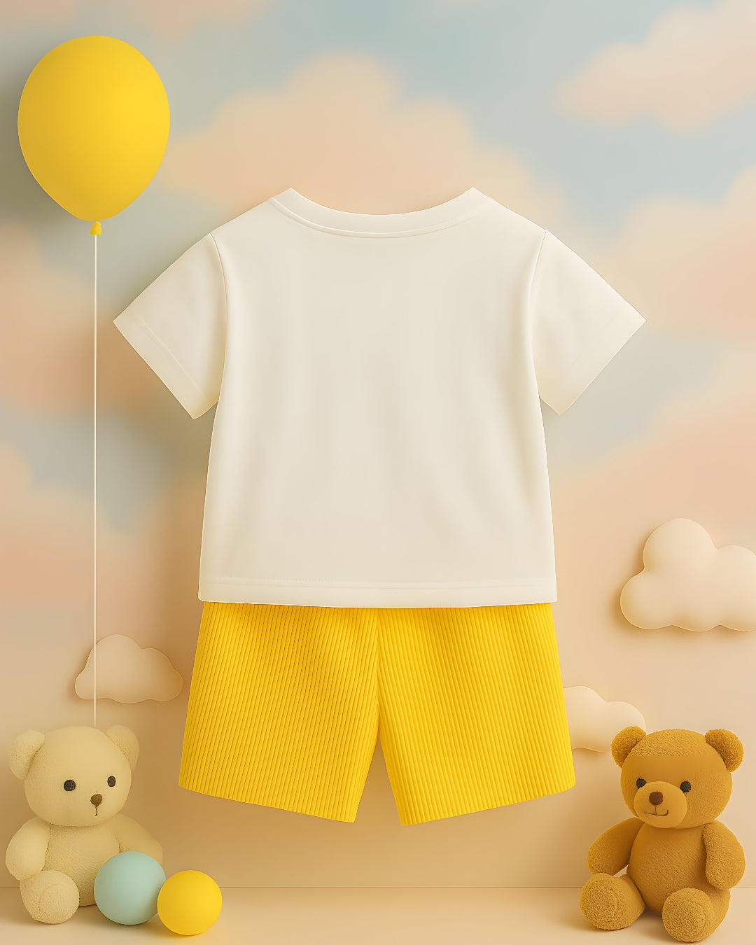 Yellow Bear-Shorts with Cream T-shirt