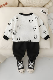Boy's Cotton Fleece Winter Dog Patch Sweatshirt With Joggers Pant Set - White