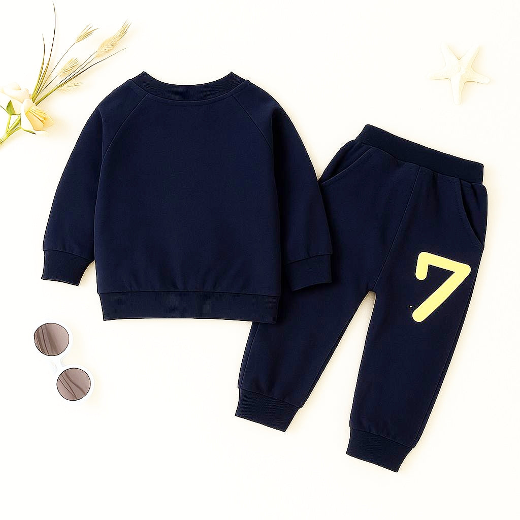 Boy's Cotton Knit Light Winter Text Printed Sweatshirt With Joggers Pant Set - Navy