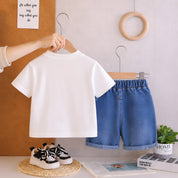 Googo Gaaga Boy's Cotton Cap Embellished Print T-Shirt & Shorts Set - White