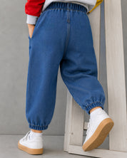 Boy's Cotton Denim Teddy Printed Pants - Blue
