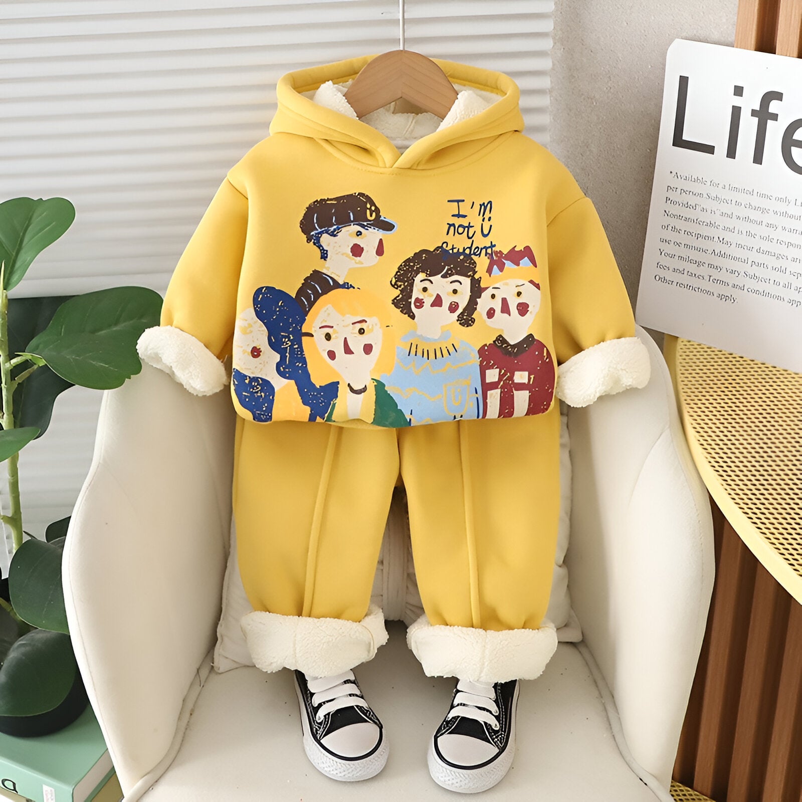 Boy's Cotton Bunny & Text Printed Sweatshirt With Joggers Set - Yellow & Cream