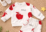 Boy's Cotton Apple & Santa Printed Sweatshirt With Joggers Set - Cream & Red