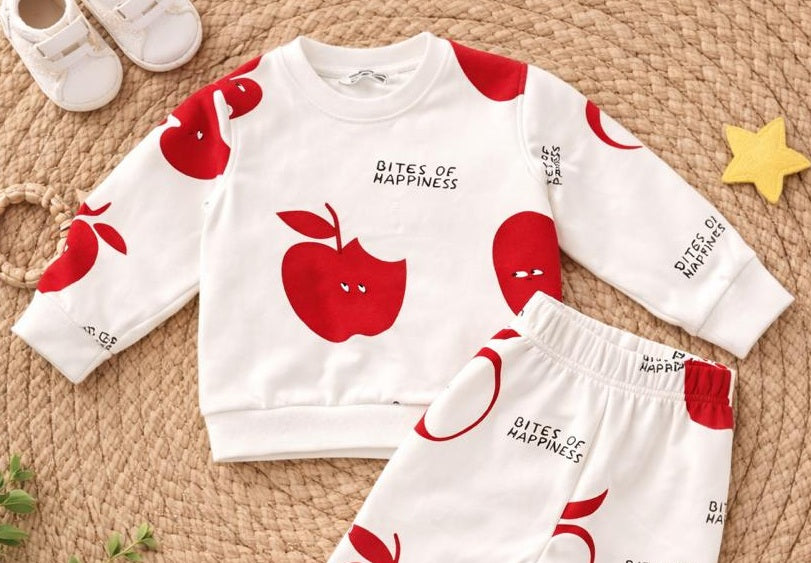 Boy's Cotton Apple & Santa Printed Sweatshirt With Joggers Set - Cream & Red