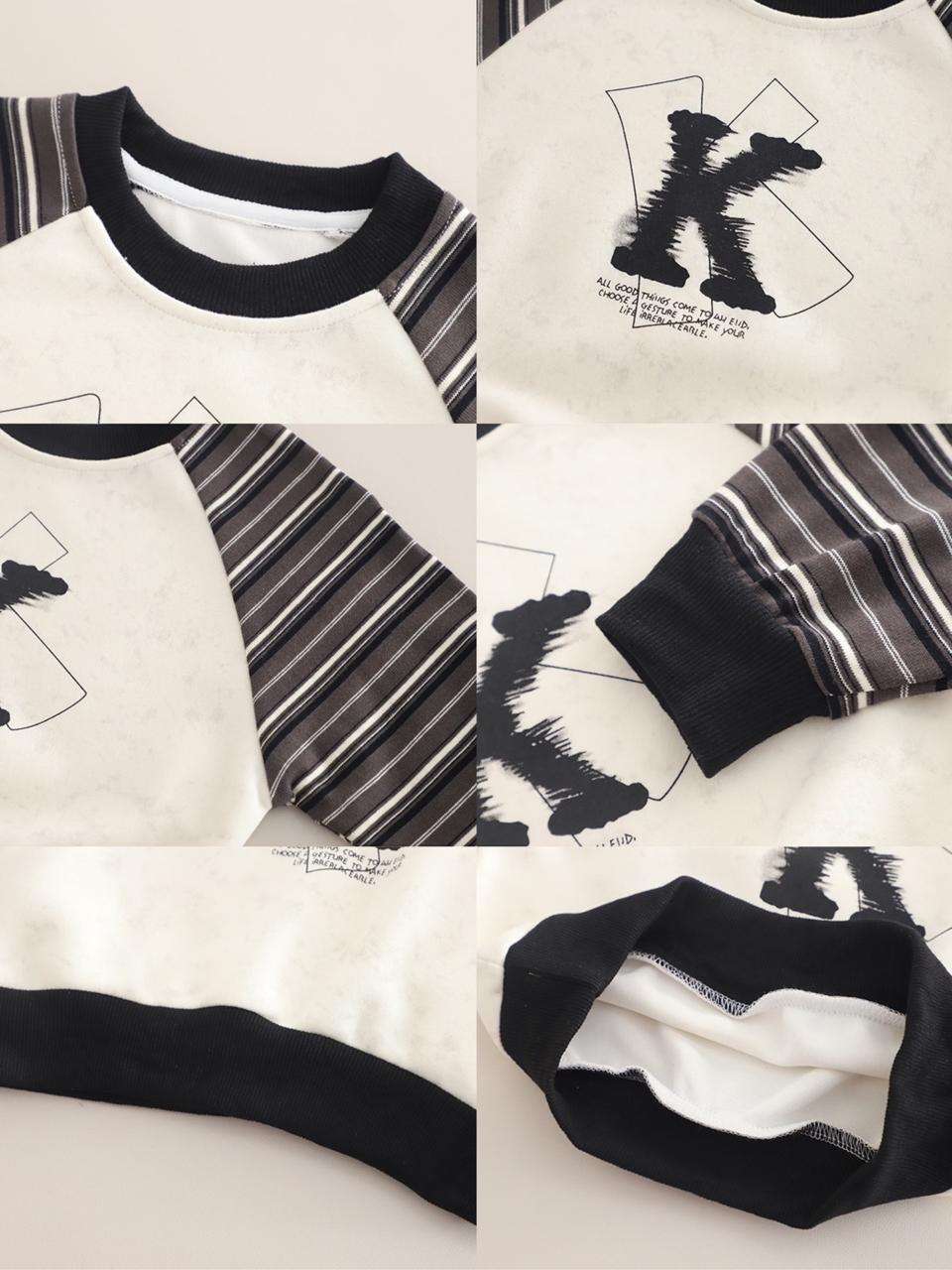 Boy's Light Winter Cotton Knit K Text Printed Sweatshirt With Jeans Set - Black