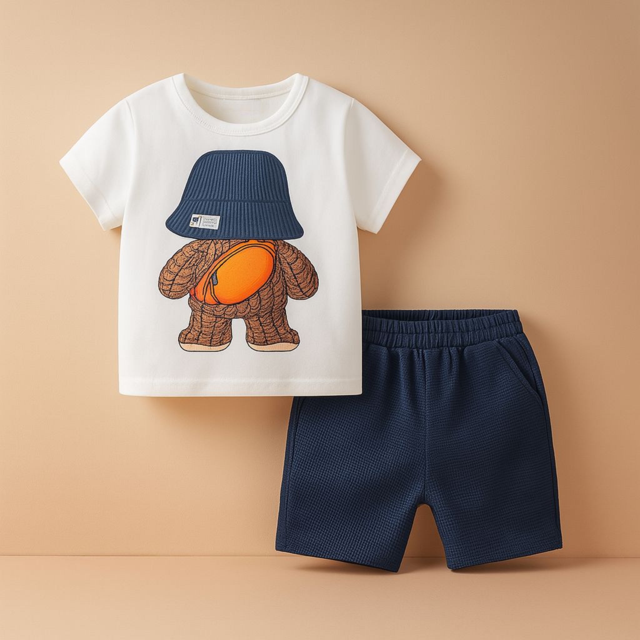 Navy Bear-Shorts & Cream T-shirt