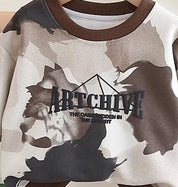 Boy's Light Winter Cotton Knit All Over Camouflage Printed Sweatshirt With Jeans Set - Brown