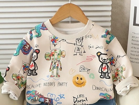 Boy's Cotton Fleece Winter All Over Print Sweatshirt With Denim Pant Set - Cream