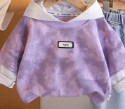 Boys Cotton Knit Full Sleeves All Over Printed Printed Sweatshirt With Pant Pack of 2 - Cream & Purple