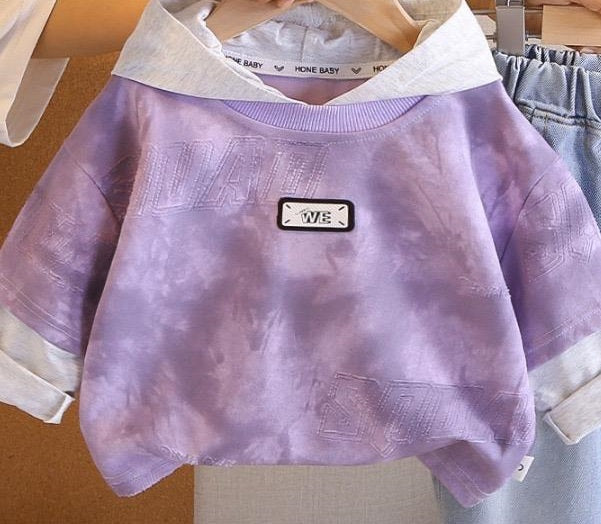Boys Cotton Knit Full Sleeves All Over Printed Printed Sweatshirt With Pant Pack of 2 - Cream & Purple