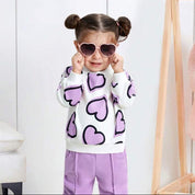 Girl's Cotton Knit Light Winter All Over Heart Printed Sweatshirt With Joggers Pant Set - Lilac