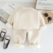 Boy's Cotton Fleece Winter Squirrel Printed Sweatshirt With Joggers Set - Cream