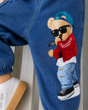 Boy's Cotton Denim Teddy Printed Pants - Blue