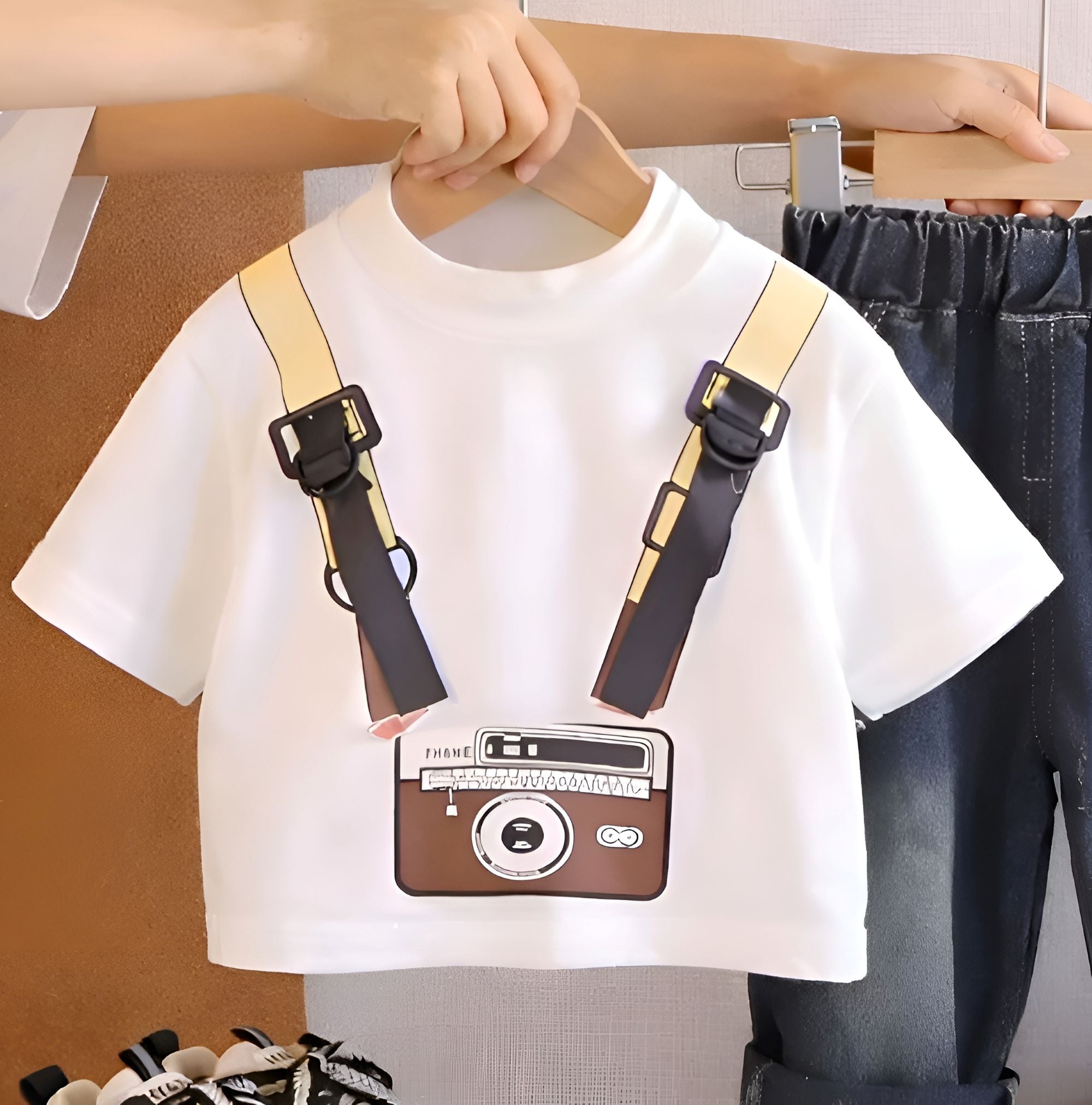 Boy's Cotton Camera Print T-Shirt & Denim Pant Set - White