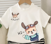 Boy's Cotton Dog Print T-Shirt & Shorts Set - White