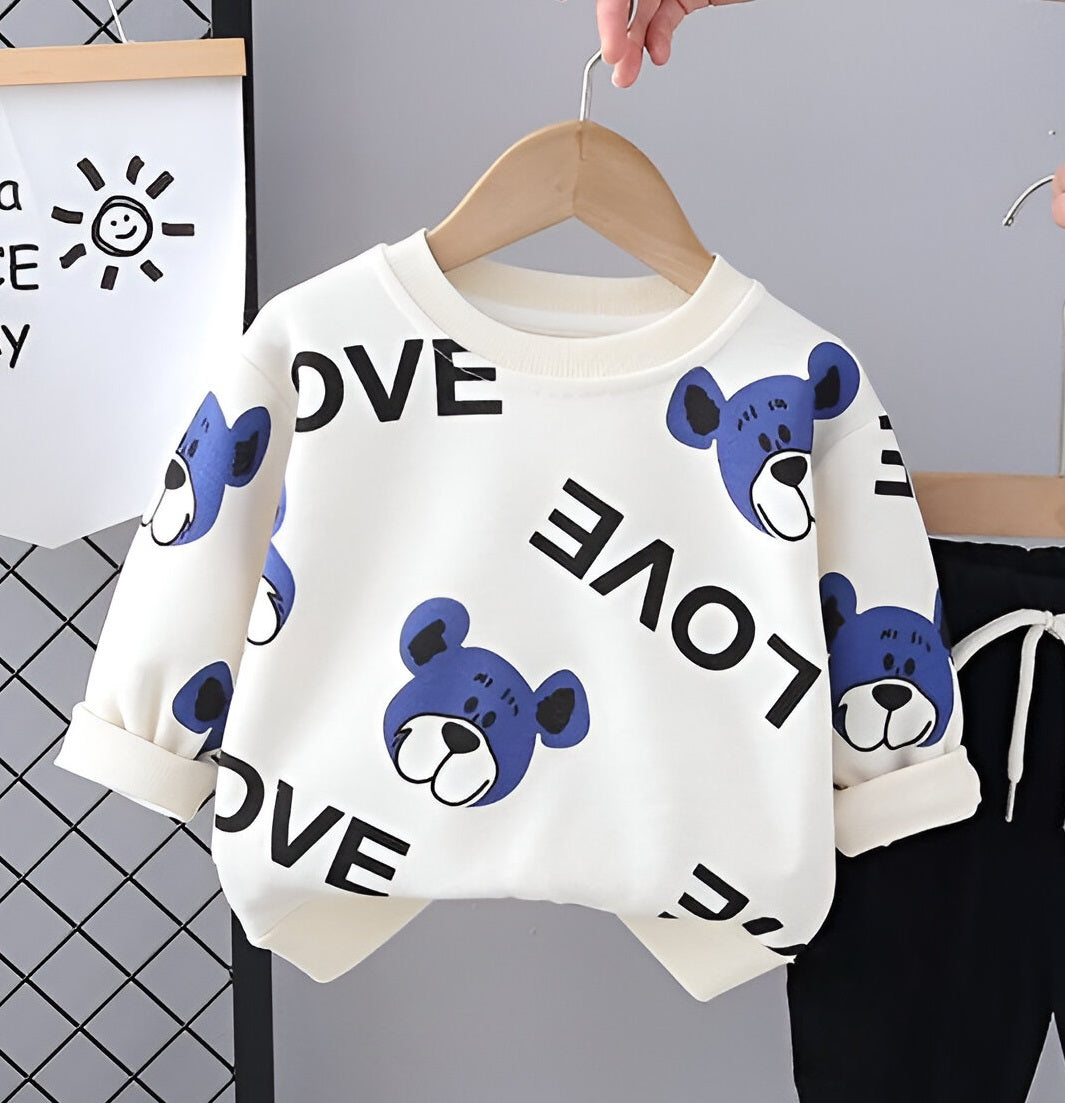 Boy's Cotton Knit Light Winter Love Teddy Printed Sweatshirt With Joggers Pant Set - White