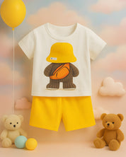 Yellow Bear-Shorts with Cream T-shirt