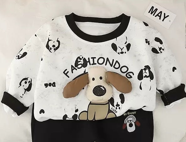 Boy's Cotton Fleece Winter Dog Patch Sweatshirt With Joggers Pant Set - White