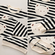 Boy's Cotton Knit Light Winter All Over Stripes Printed and Teddy Applique Sweatshirt With Joggers Pant Set - Black & Creamream