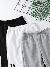 Boy's Cotton Knit Dino Printed Joggers Set Pack of 3 - White, Grey & Black