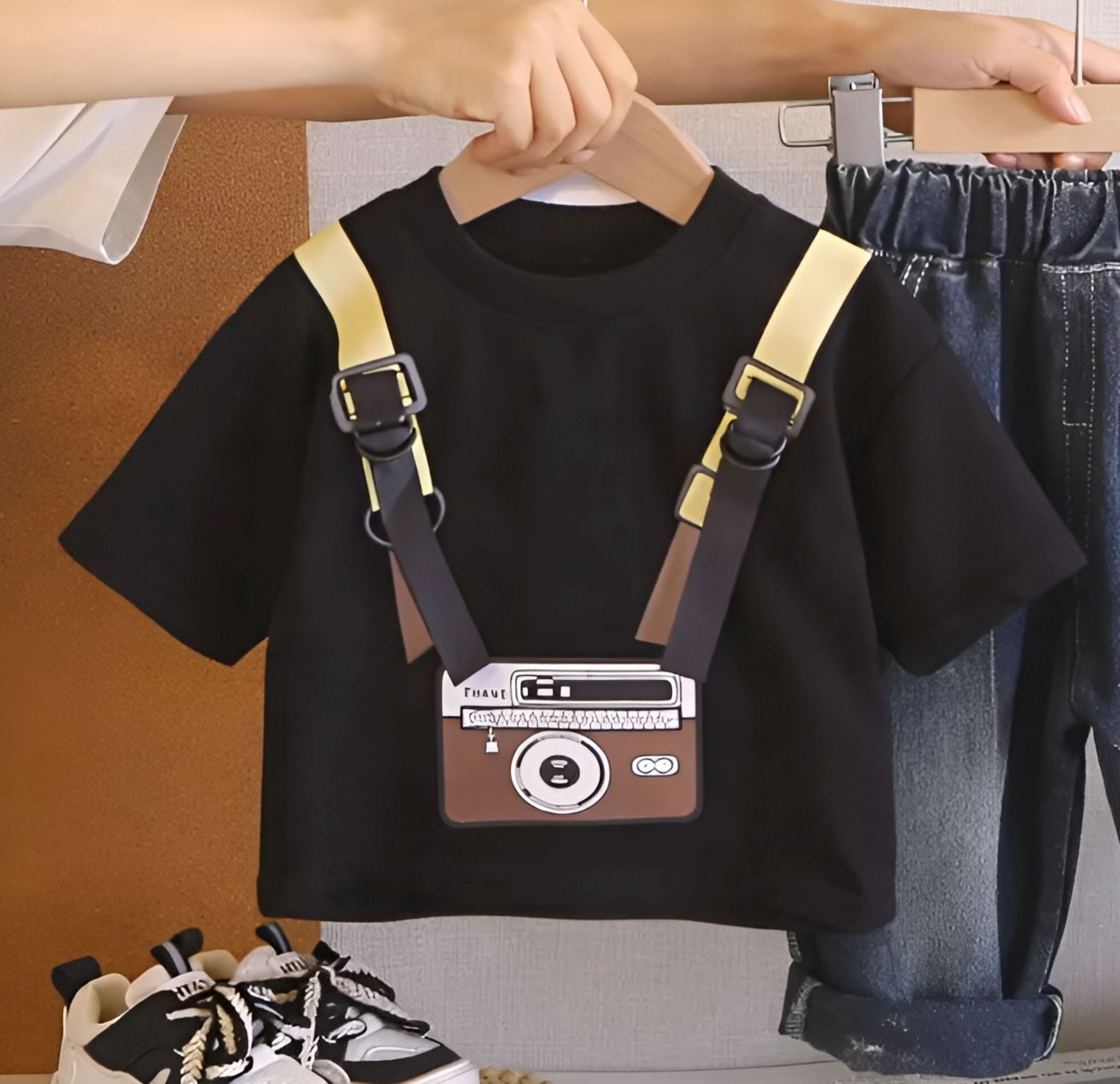 Boy's Cotton Camera Print T-Shirt & Denim Pant Set - Black