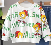 Boy's Cotton Knit Light Winter Teddy Printed Sweatshirt With Denim Jeans Pant Set - White