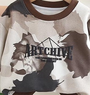 Boys Cotton Knit Full Sleeves All Over Printed Printed Sweatshirt With Pant Pack of 2 - Brown & Cream
