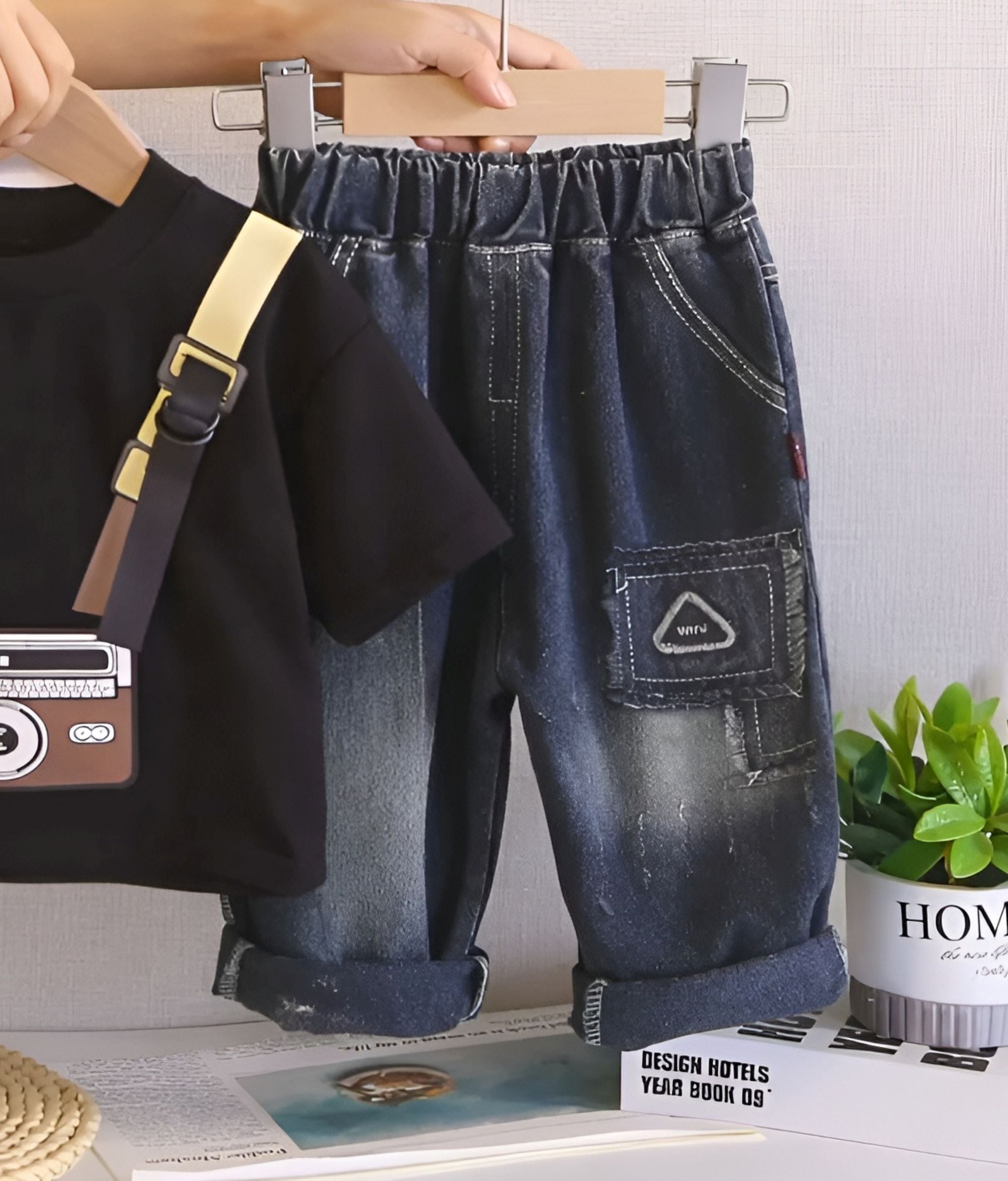 Boy's Cotton Camera Print T-Shirt & Denim Pant Set - Black