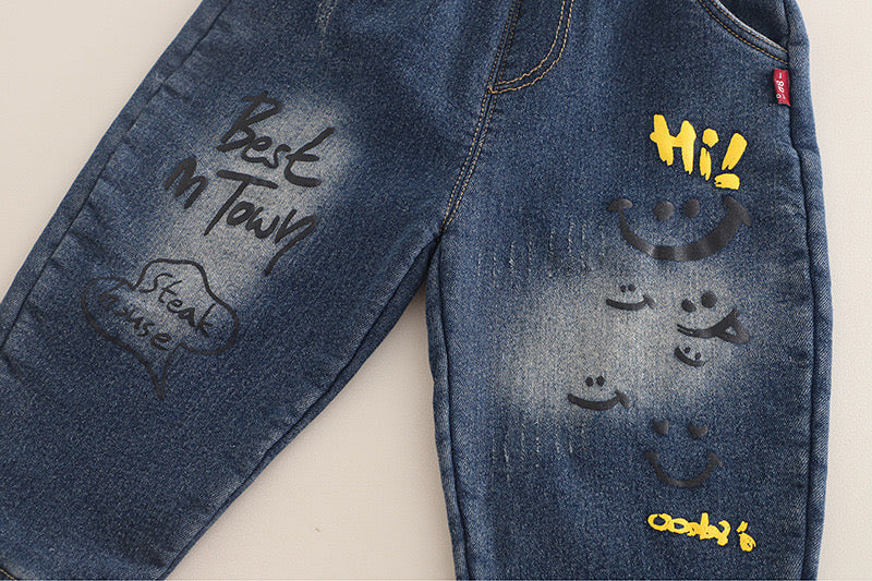 Boy's Cotton Fleece Winter All Over Printed Sweatshirt With Denim Pant Set - White