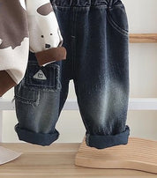 Boy's Light Winter Cotton Knit All Over Camouflage Printed Sweatshirt With Jeans Set - Brown