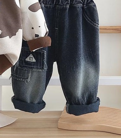 Boy's Light Winter Cotton Knit All Over Camouflage Printed Sweatshirt With Jeans Set - Brown