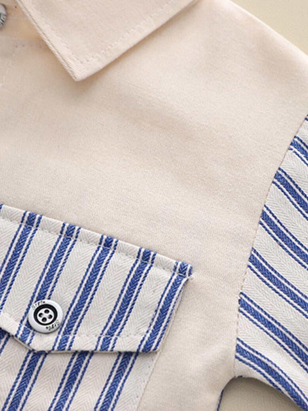 Boys Woven Stripes Printed Collared Neck Full Sleeves Shirt and Denim Pant Set - Cream