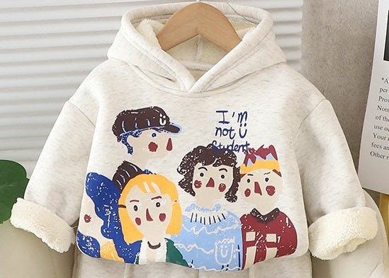 Boy's Cotton Fleece Winter Kids Printed Sweatshirt With Joggers Set - Cream