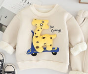 Boy's Cotton Fleece Winter Giraffe Patch Sweatshirt With Joggers Set - Cream