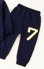 Boy's Cotton Knit Light Winter Text Printed Sweatshirt With Joggers Pant Set - Navy