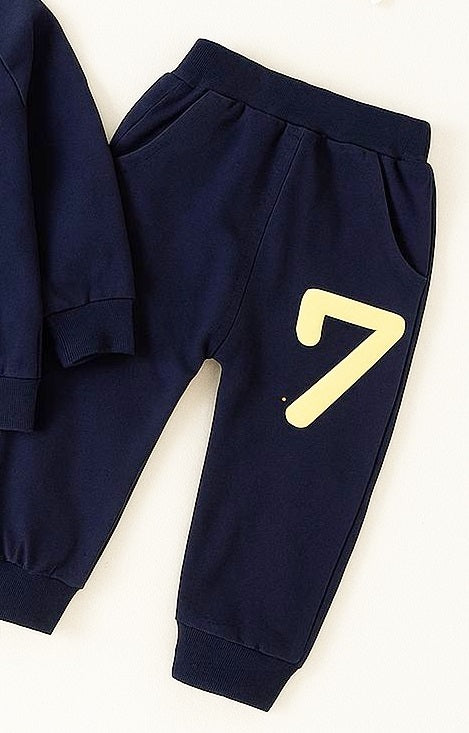 Boy's Cotton Knit Light Winter Text Printed Sweatshirt With Joggers Pant Set - Navy