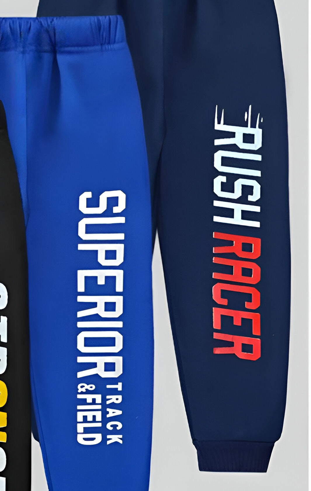 Boy's Cotton Knit Text Printed Joggers Set Pack of 3 - Black, Blue & Navy Blue