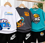Googo Gaaga Boys Cotton Printed T-Shirt & Shorts Pack of 3 - Blue, Grey & White