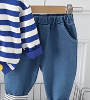 Boy's Cotton Loop Knit Winter Full Sleeves Teddy Embroidered Sweatshirt & Denim Pant Set - Blue