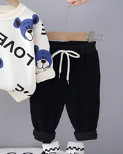 Boy's Cotton Knit Light Winter Love Teddy Printed Sweatshirt With Joggers Pant Set - White