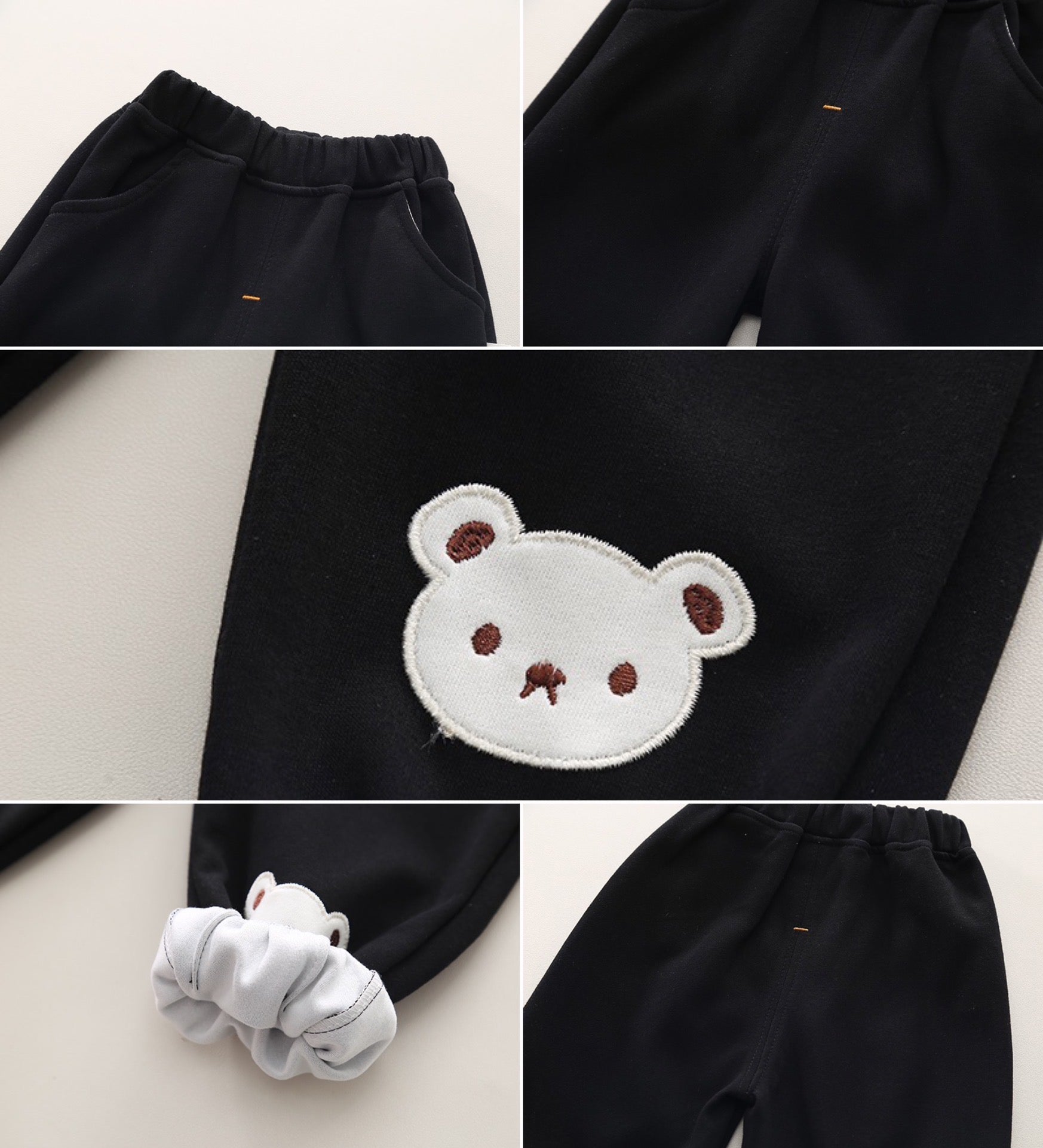 Boy's Cotton Knit Light Winter All Over Stripes Printed and Teddy Applique Sweatshirt With Joggers Pant Set - Black & Creamream