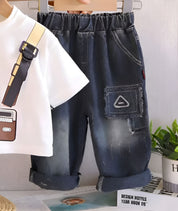 Boy's Cotton Camera Print T-Shirt & Denim Pant Set - White