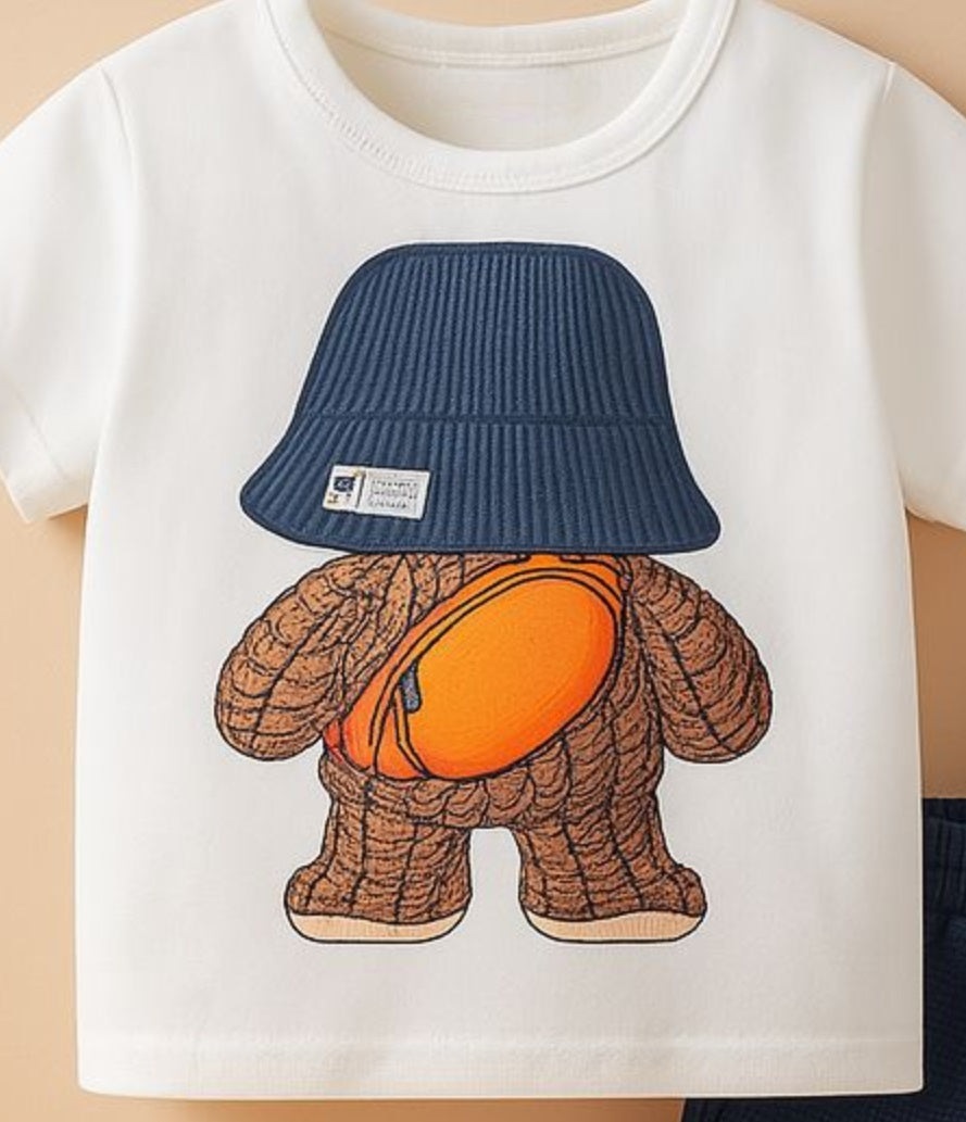 Navy Bear-Shorts & Cream T-shirt