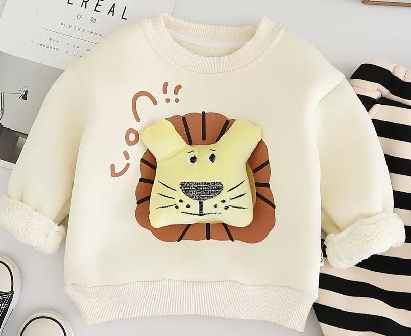 Boy's Cotton Fleece Winter Dog Patch Sweatshirt With Joggers Set - Cream