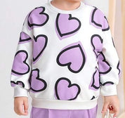Girl's Cotton Knit Light Winter All Over Heart Printed Sweatshirt With Joggers Pant Set - Lilac