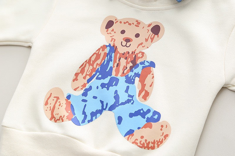 Boys Cotton Knit Full Sleeves Teddy & Text Printed Sweatshirt With Pant Pack of 2 - Cream