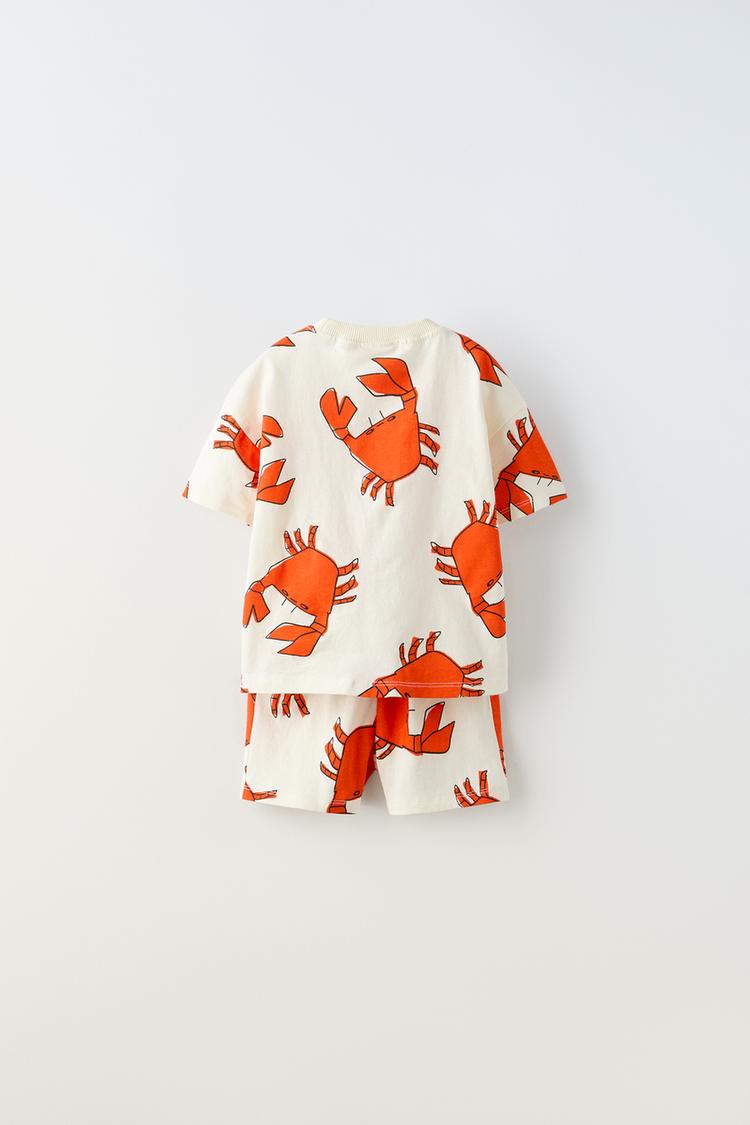 Boy's Cotton Half Sleeves Teddy Printed T-Shirt with Shorts Set in Cream (Crab)