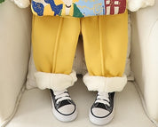 Boy's Cotton Fleece Winter Kids Printed Sweatshirt With Joggers Set - Yellow