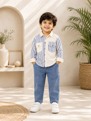 Googo Gaaga Boys Striped Full Sleeve Shirt with Blue Denim Jeans – Blue